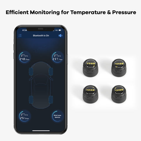 Tire Pressure Monitoring System, Bluetooth 5.0, 5 Alarm Modes, 4 TPMS External Sensors, Support iOS & Android,  Real-time Detection Pressure & Temperature, Easy to Install Tire Pressure Monitoring System, Bluetooth 5.0, 5 Alarm Modes, 4 TPMS External Sensors, Support iOS & Android,  Real-time Detection Pressure & Temperature, Easy to Install