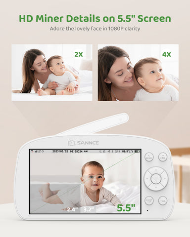 SANNCE 1080p HD Video Baby Monitor with Camera, 5.5" Larger Display TFT LCD, 340° Pan & 50° Tilt, 4X Zoom, Voice & Motion & Temperature Detection, Feeding Reminder, Relaxing Lullabies, 5000mAh Battery SANNCE 1080p HD Video Baby Monitor with Camera, 5.5" Larger Display TFT LCD, 340° Pan & 50° Tilt, 4X Zoom, Voice & Motion & Temperature Detection, Feeding Reminder, Relaxing Lullabies, 5000mAh Battery