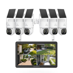 4MP WLAN-Überwachungssystem mit 10,1" LCD-Monitor mit integrierter microSD-Karte, 10-Kanal NVR & 6 PTZ-Solarkameras, KI + PIR-Personenerkennung, Zwei-Wege-Audio, 8000-mAh-Akku, Farbnachtsicht, 270° Schwenken & 90° Neigen, Alexa-kompatibel
