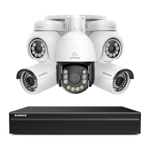 4K 8-Channel PoE Security NVR System with 5PCS 8MP Cameras, 1X 20X PTZ + 2X Bullet + 2X PT IP Cameras, Auto Tracking, Two-Way Audio, Night Vision
