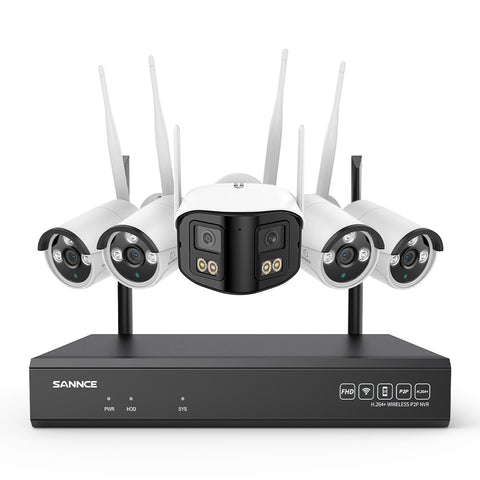 5MP 16-Channel Wireless CCTV System, 8MP NVR, WiFi IP Cameras, AI Audio, Human Detection, Works with Alexa (1x4MP Dual-Lens Camera + 4x3MP Night Vision Cameras)