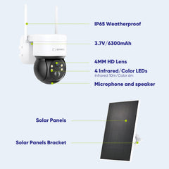 2K 4MP Wireless Pan & Tilt IP Camera, Battery/Solar Powered, Color Night Vision, Two-Way Audio, Compatible with Alexa, PIR Human Detection