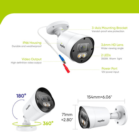SANNCE Full Color Night Vision 1080P TVI Bullet Wired Security Camera, 2 Warm Lights, IP66 Weatherproof for Indoor Outdoor, 100ft Clear Full Color Night Vision, No Power Supply
