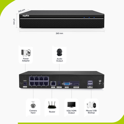 8 Channel 5MP PoE Security Camera System, 6pcs H.265+ Wired Bullet 5MP Outdoor PoE IP Cameras with Audio Recording, 4K 8CH NVR for 24/7 Recording