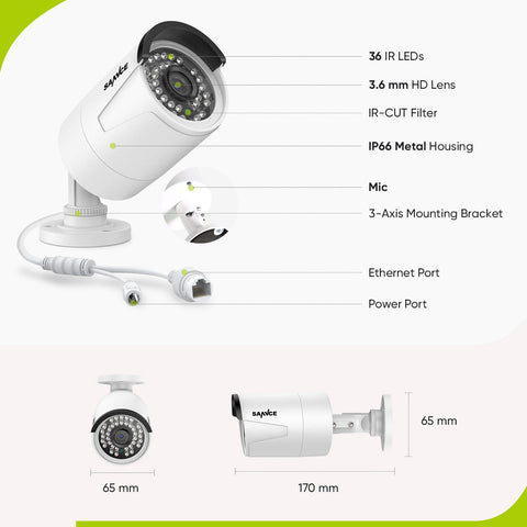 8 Channel 5MP PoE Security Camera System, 6pcs H.265+ Wired Bullet 5MP Outdoor PoE IP Cameras with Audio Recording, 4K 8CH NVR for 24/7 Recording